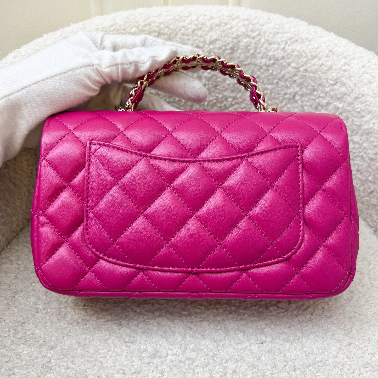 Chanel 23A Mini Rectangle Flap with Crystals Top Handle in Hot Pink Lambskin and LGHW (Model: AS4141)