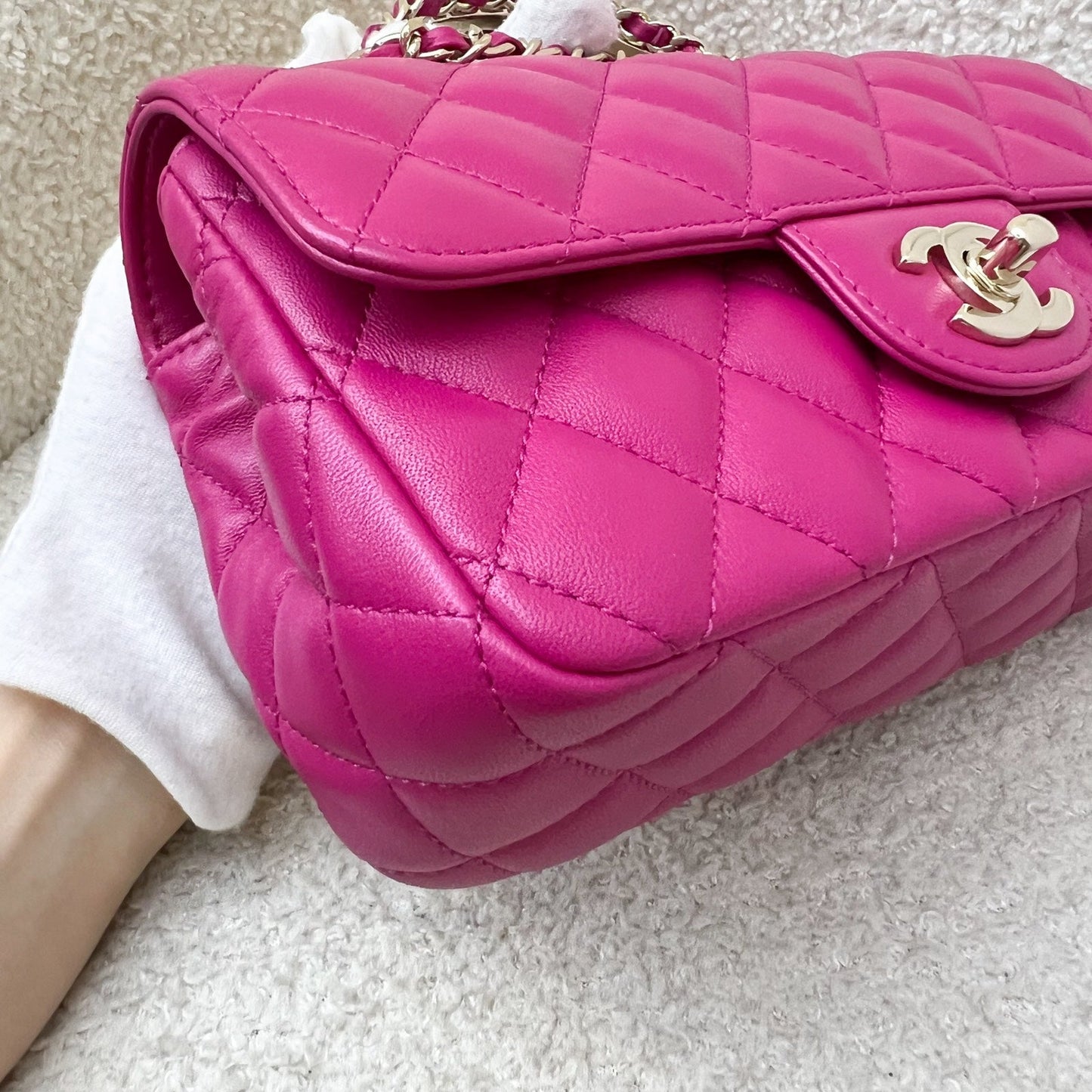 Chanel 23A Mini Rectangle Flap with Crystals Top Handle in Hot Pink Lambskin and LGHW (Model: AS4141)