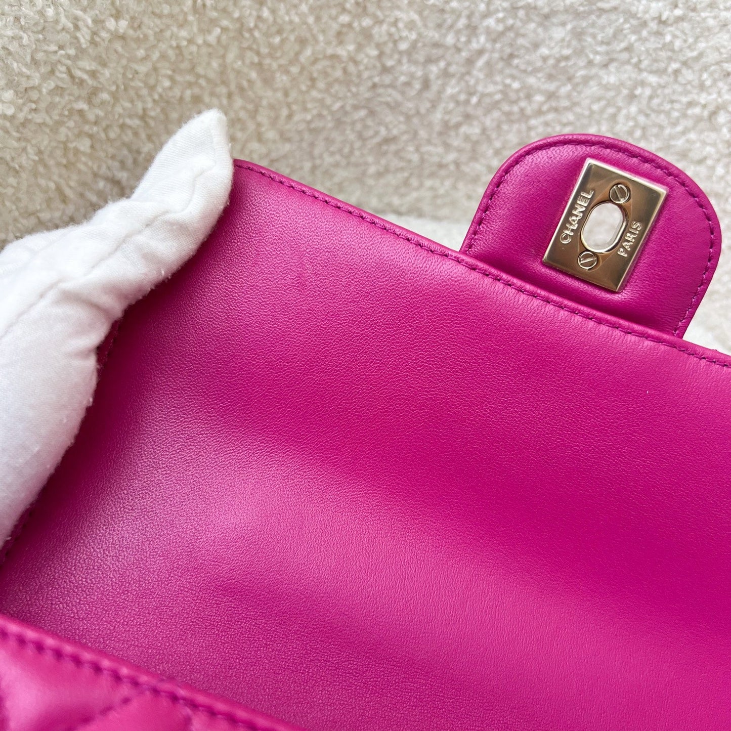Chanel 23A Mini Rectangle Flap with Crystals Top Handle in Hot Pink Lambskin and LGHW (Model: AS4141)