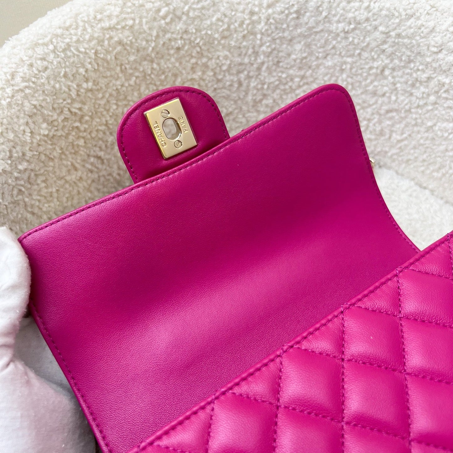 Chanel 23A Mini Rectangle Flap with Crystals Top Handle in Hot Pink Lambskin and LGHW (Model: AS4141)
