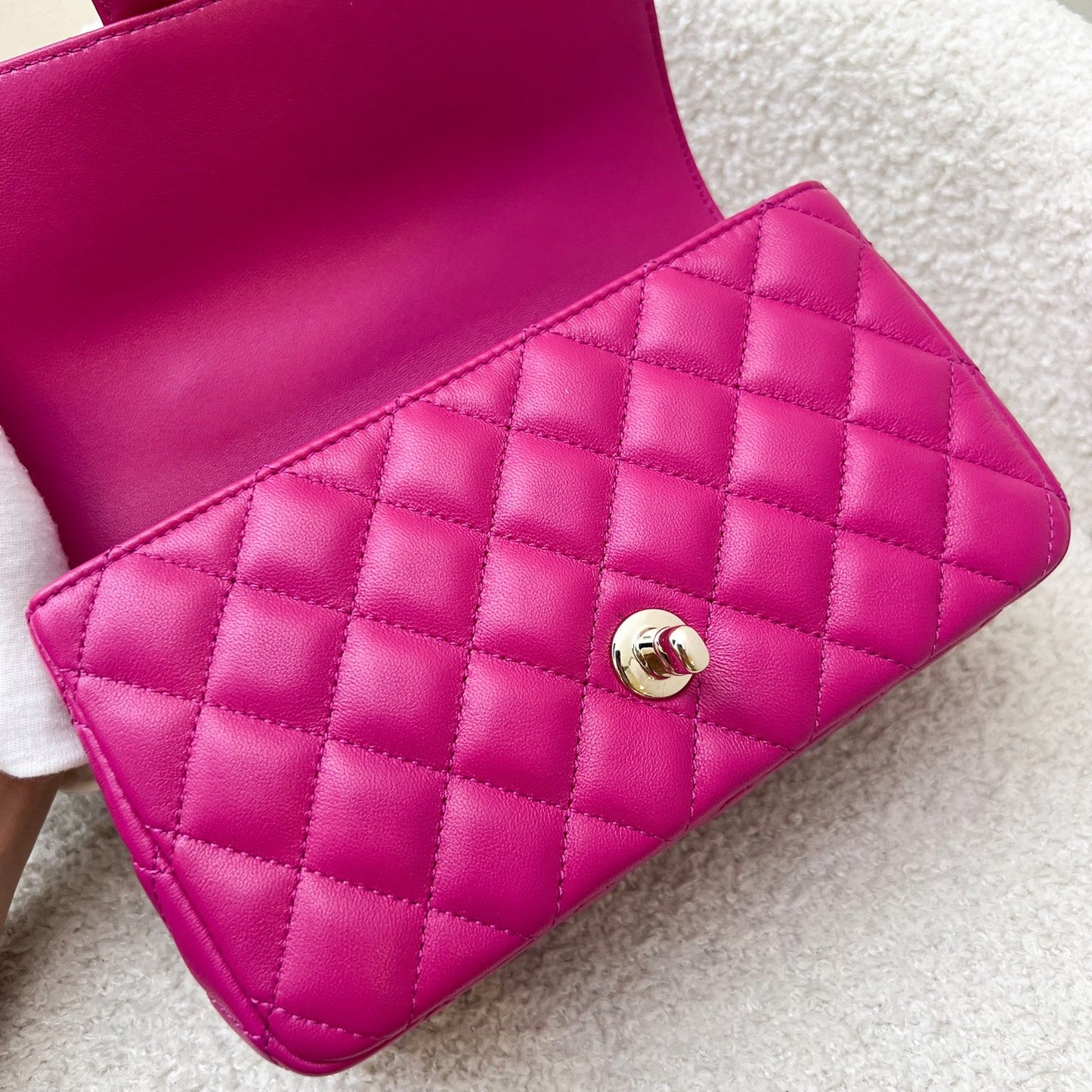 Chanel 23A Mini Rectangle Flap with Crystals Top Handle in Hot Pink Lambskin and LGHW (Model: AS4141)