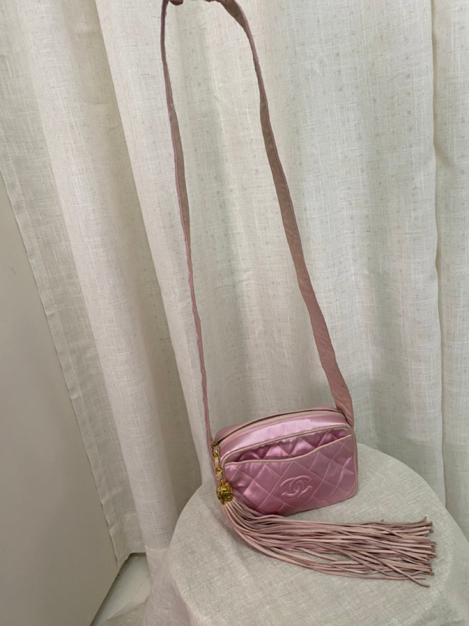 Chanel Rare Vintage Pink Silk Leather Tassel Shoulder Bag