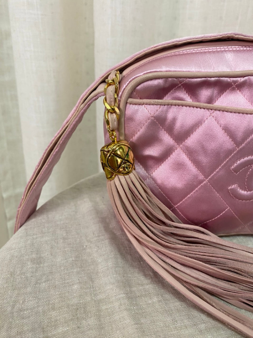 Chanel Rare Vintage Pink Silk Leather Tassel Shoulder Bag