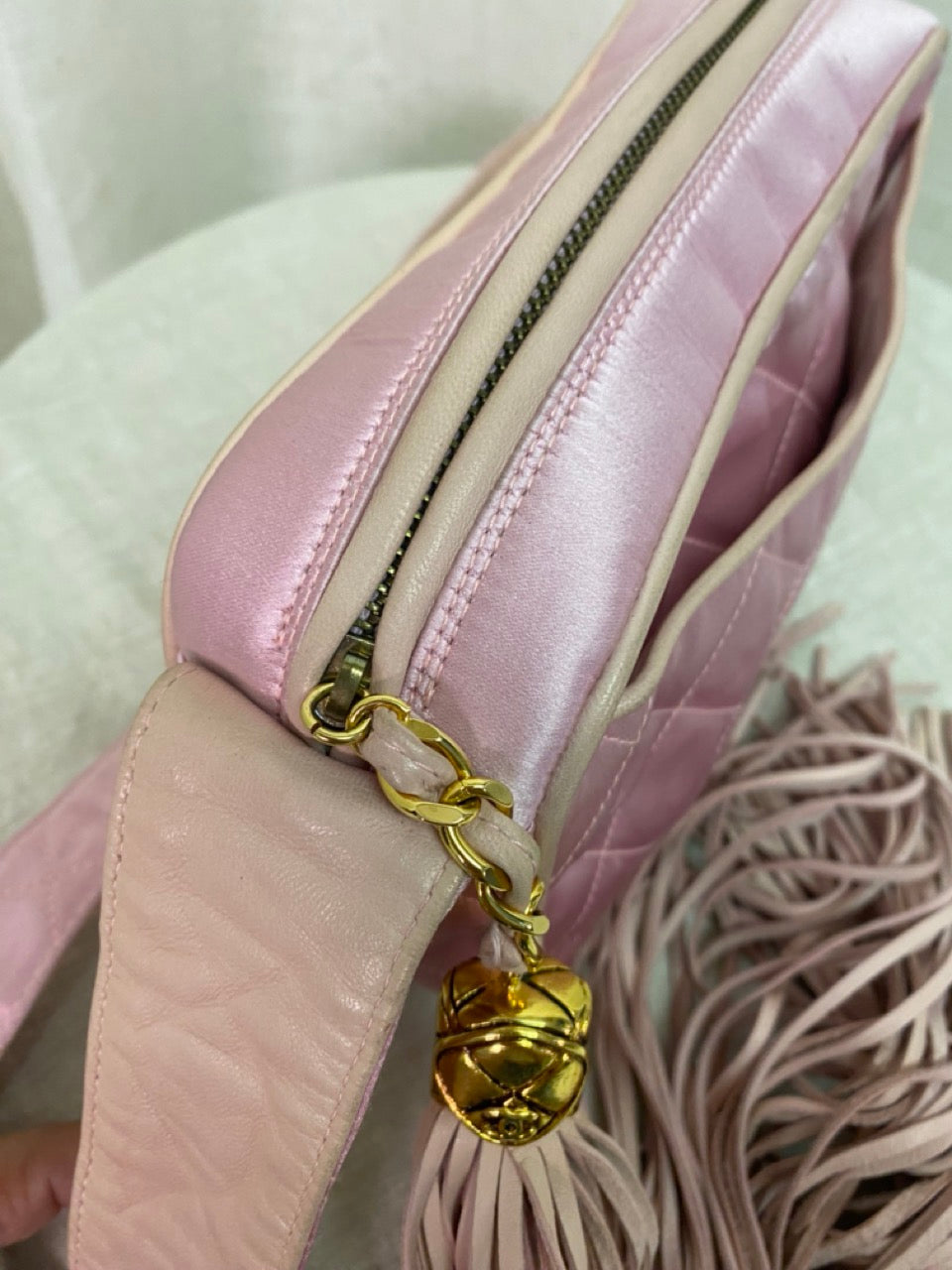 Chanel Rare Vintage Pink Silk Leather Tassel Shoulder Bag