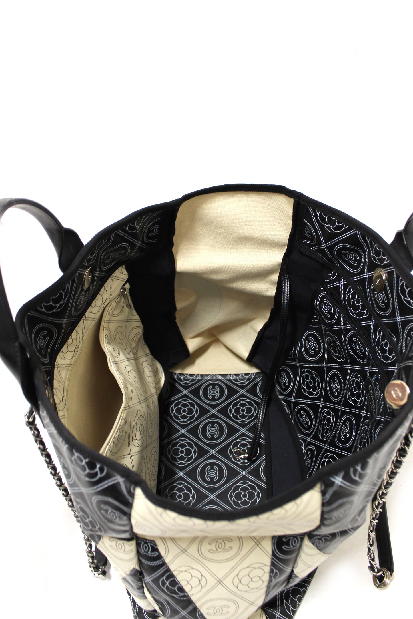 Chanel Black and Beige Coated Canvas Camellia Flower Tote Bag