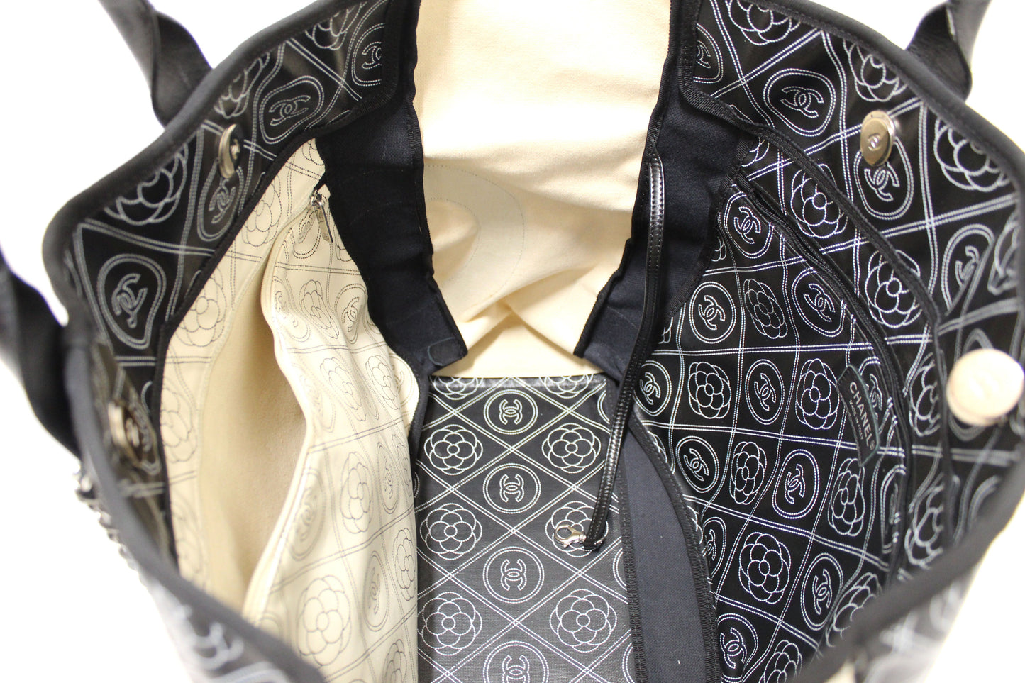 Chanel Black and Beige Coated Canvas Camellia Flower Tote Bag