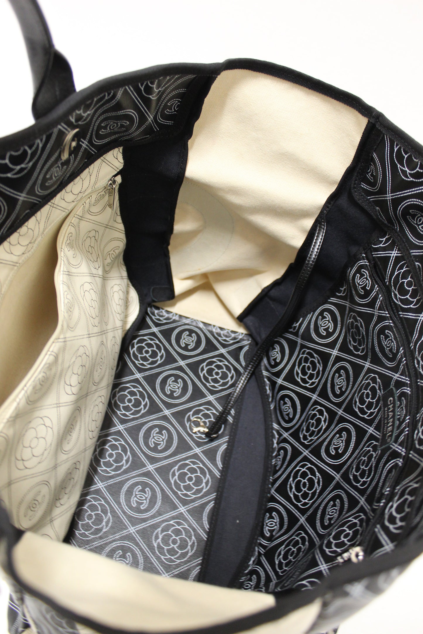 Chanel Black and Beige Coated Canvas Camellia Flower Tote Bag