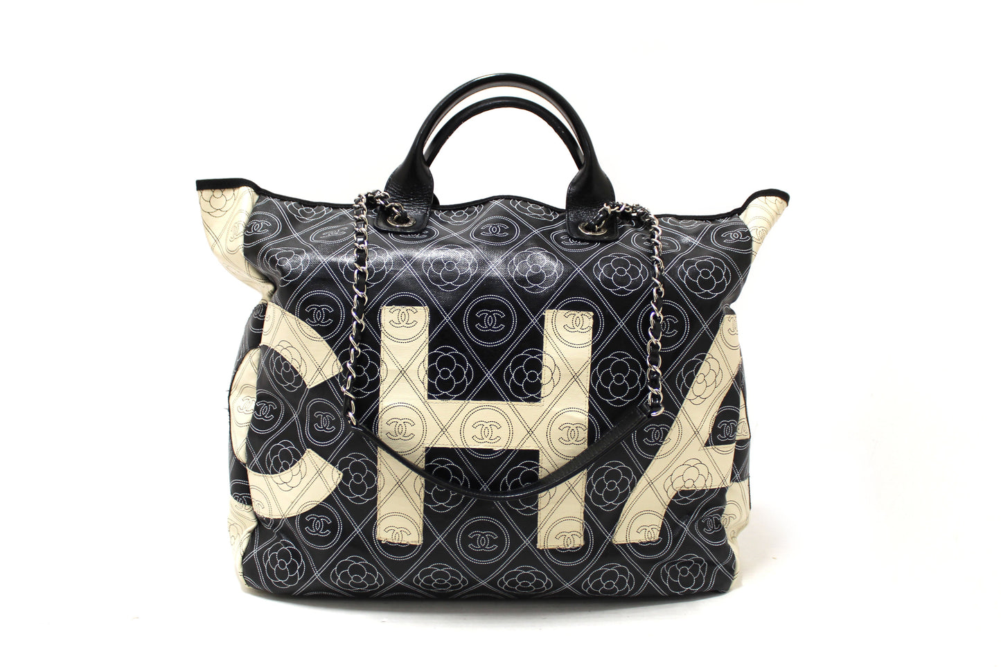 CHANEL Chanel Black and Beige Coated Canvas Camellia Flower Tote Bag | Havik Shop.com - Shop Now at Havik Shop.com