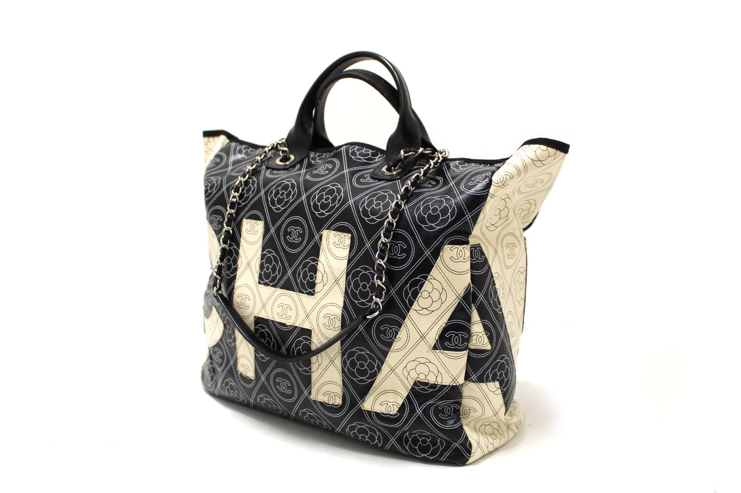 Chanel Black and Beige Coated Canvas Camellia Flower Tote Bag