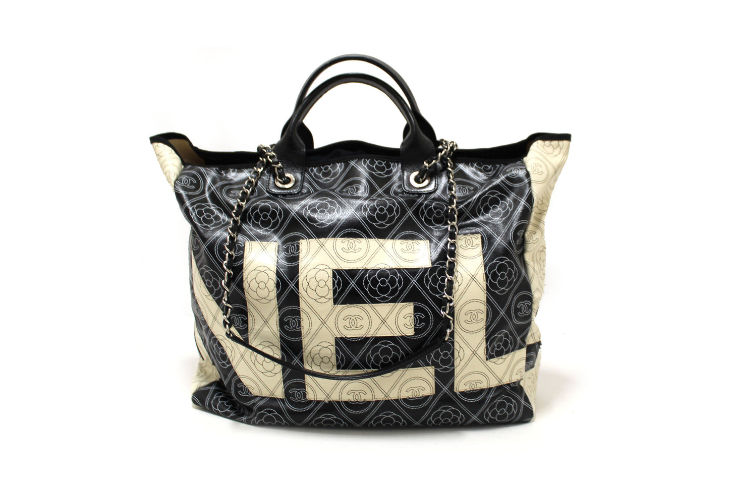 Chanel Black and Beige Coated Canvas Camellia Flower Tote Bag