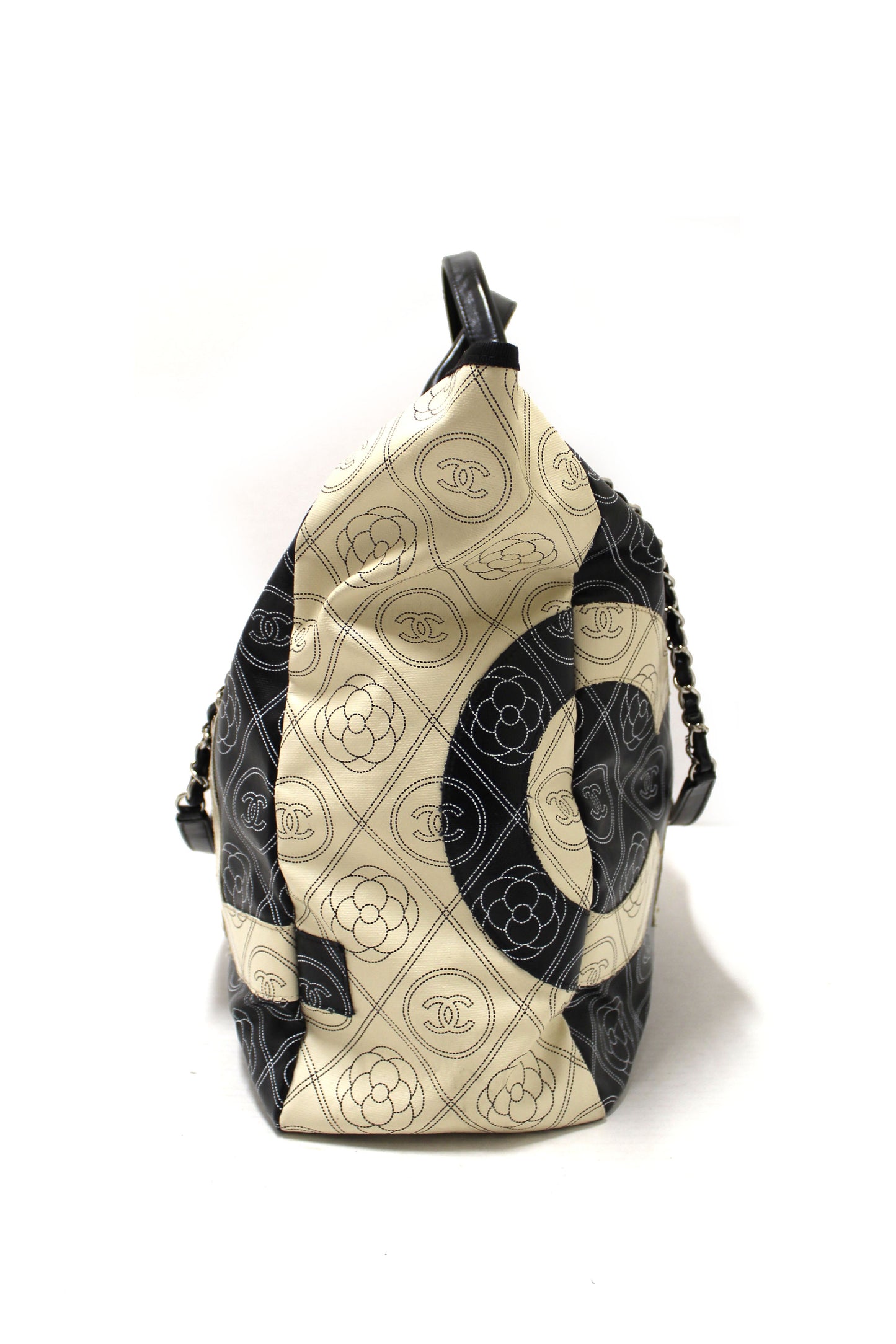 Chanel Black and Beige Coated Canvas Camellia Flower Tote Bag