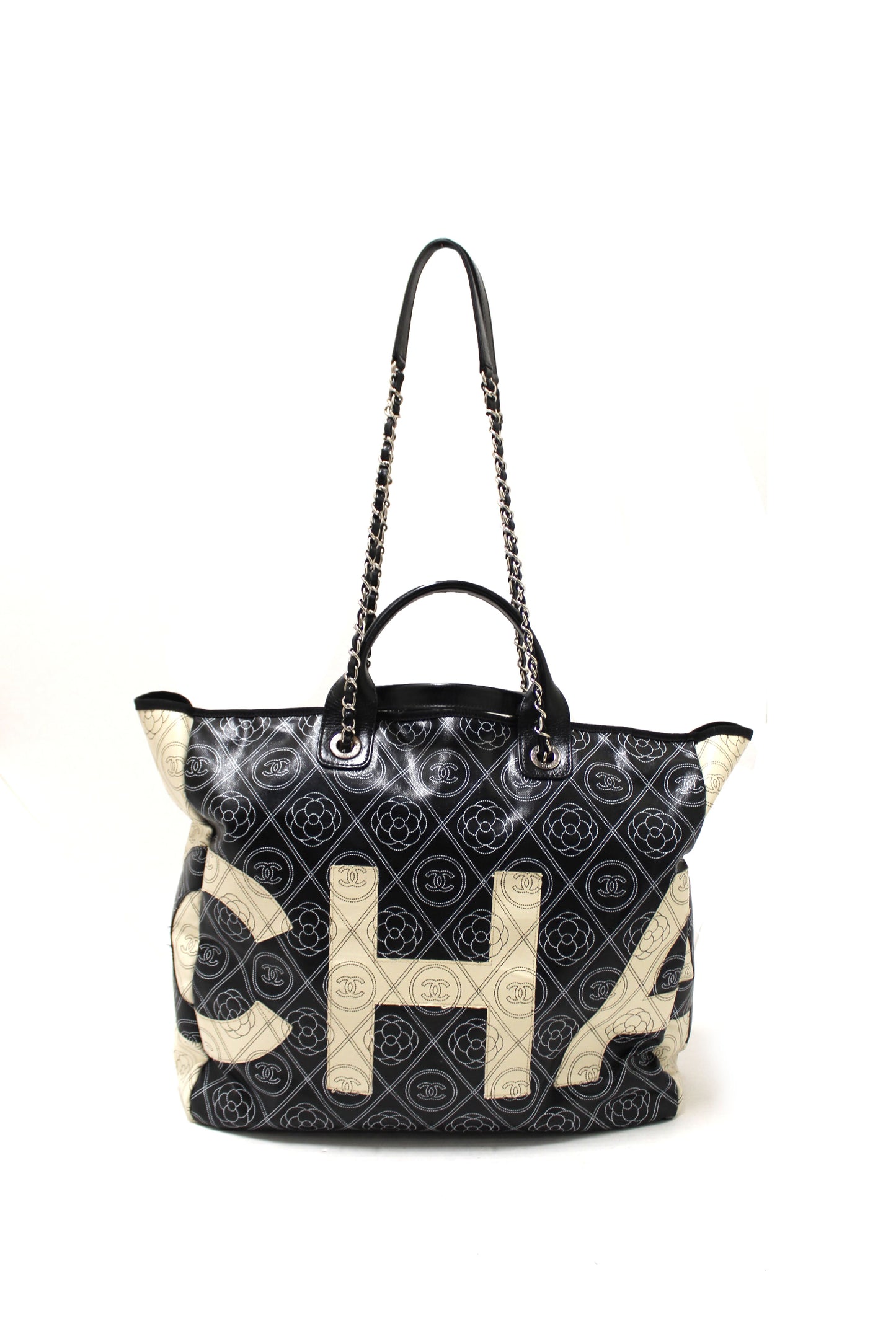 Chanel Black and Beige Coated Canvas Camellia Flower Tote Bag