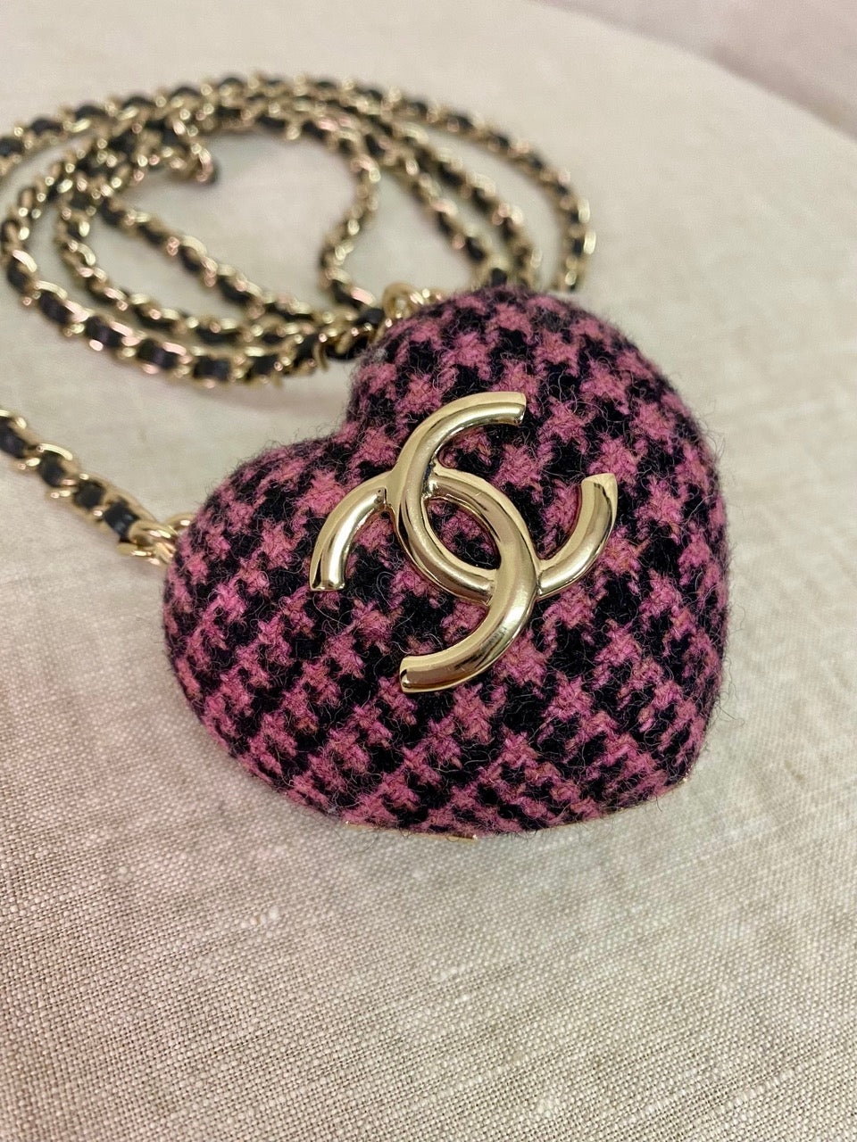 Chanel Preloved Tweed Heart Shaped Locket Minaudière Necklace
