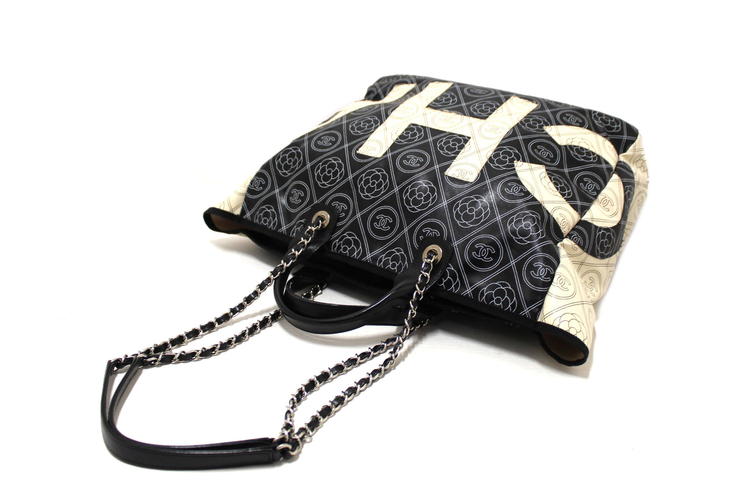 Chanel Black and Beige Coated Canvas Camellia Flower Tote Bag