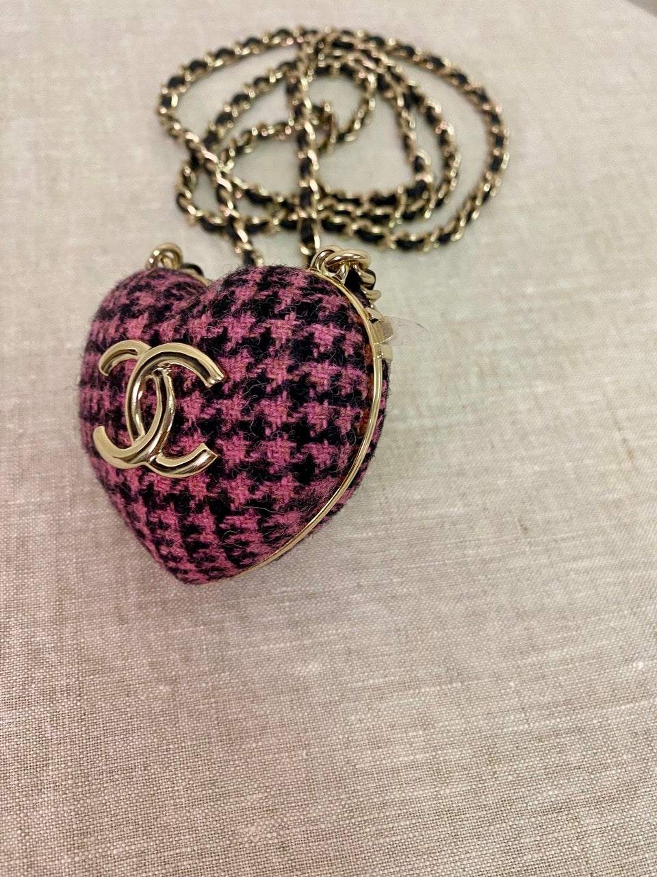Chanel Preloved Tweed Heart Shaped Locket Minaudière Necklace
