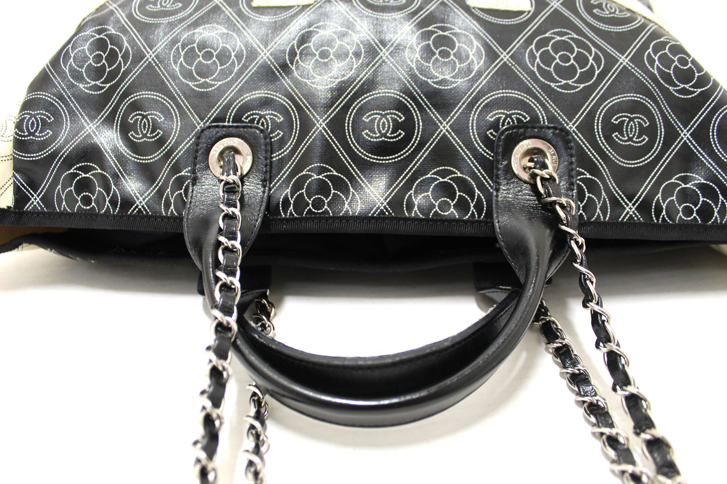Chanel Black and Beige Coated Canvas Camellia Flower Tote Bag