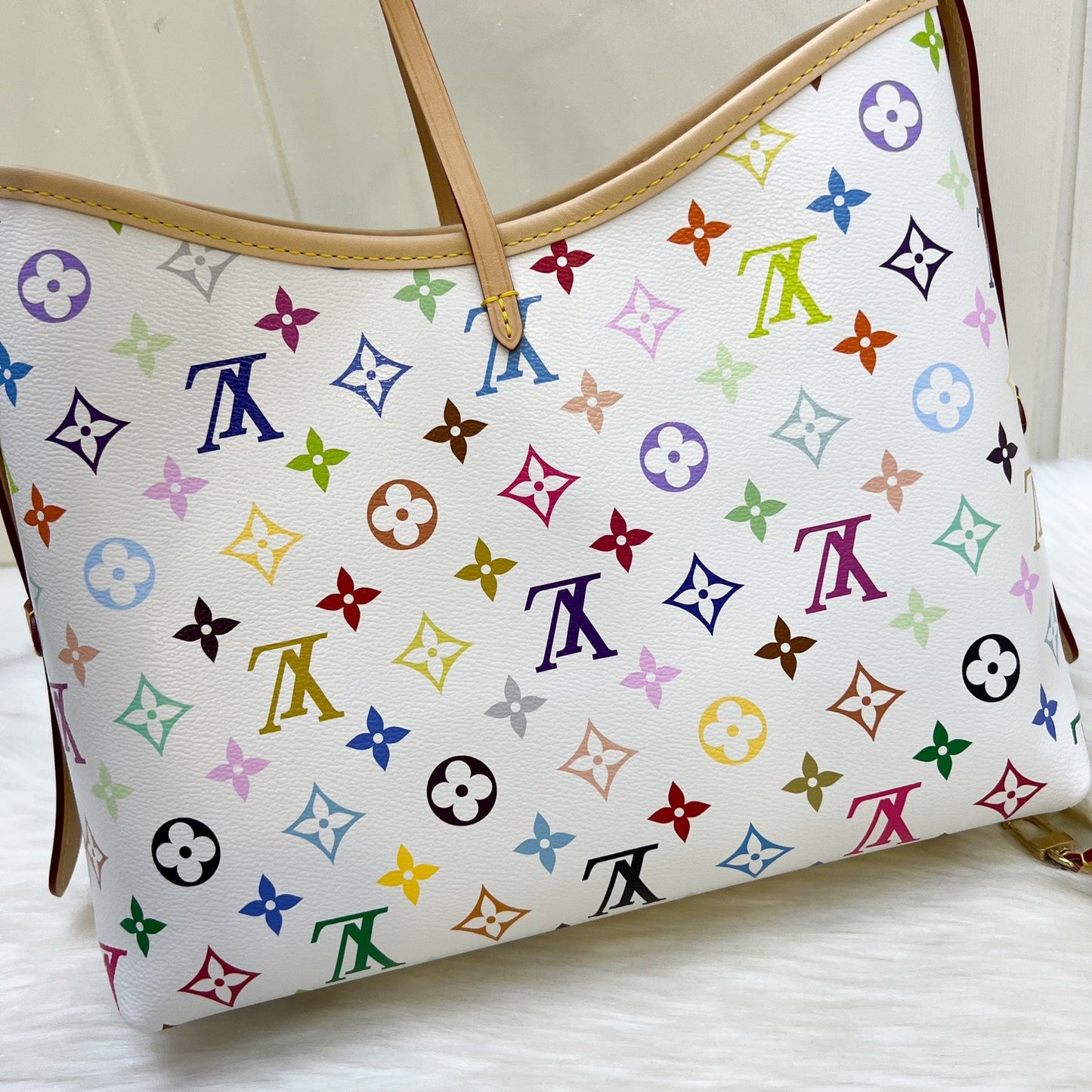 LV Louis Vuitton x Takashi Murakami Carryall PM in Multicolore Blanc Monogram Canvas and GHW