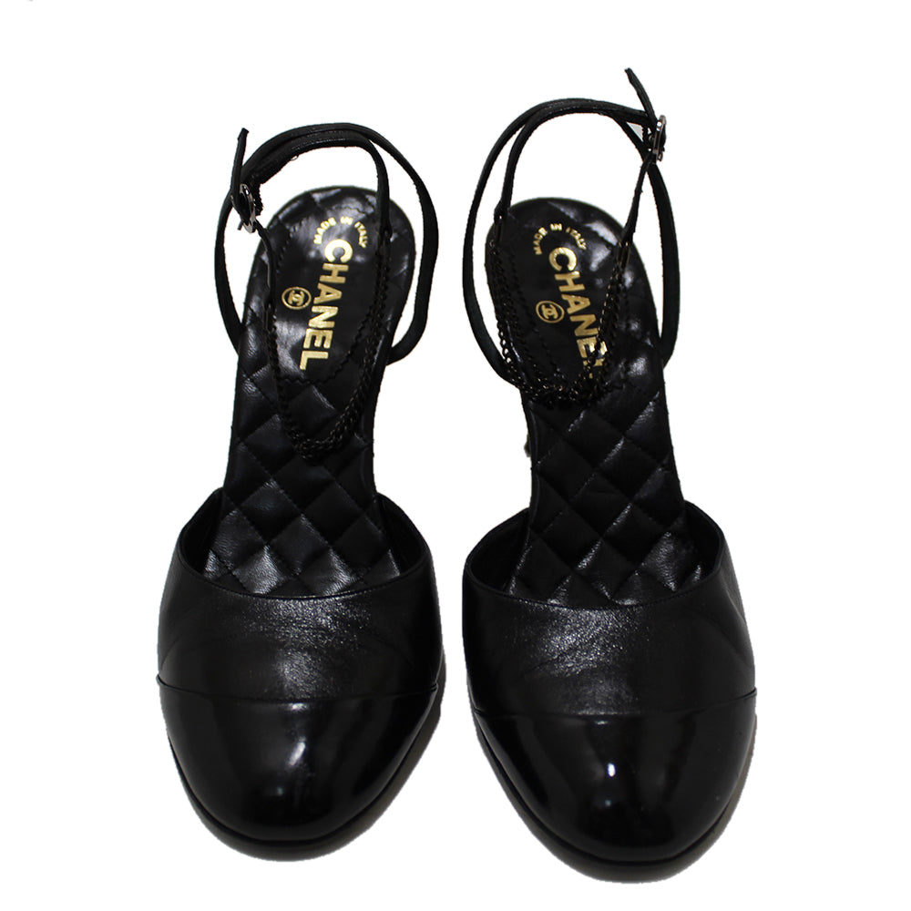 Chanel Black Leather Classic Cap Toe Heels Shoes with Chain Ankle Strap Size 38