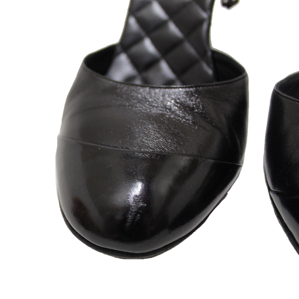 Chanel Black Leather Classic Cap Toe Heels Shoes with Chain Ankle Strap Size 38