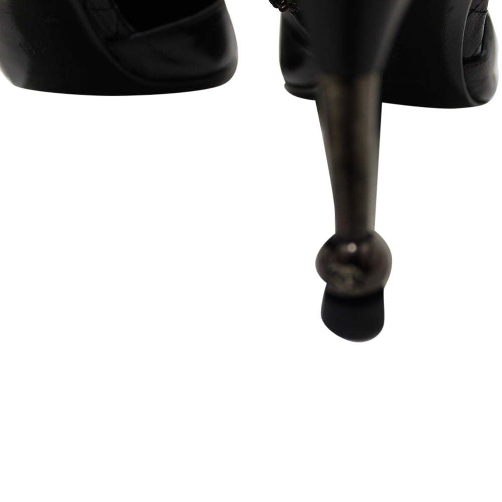Chanel Black Leather Classic Cap Toe Heels Shoes with Chain Ankle Strap Size 38