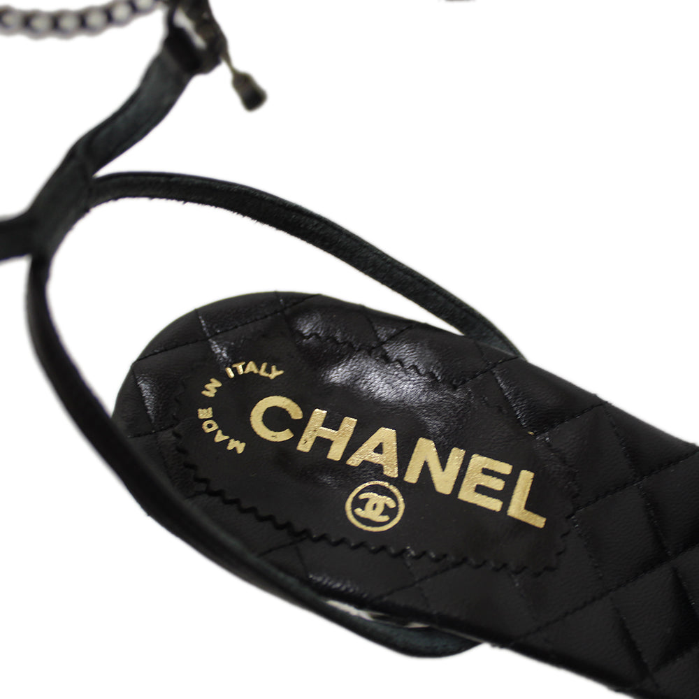 Chanel Black Leather Classic Cap Toe Heels Shoes with Chain Ankle Strap Size 38