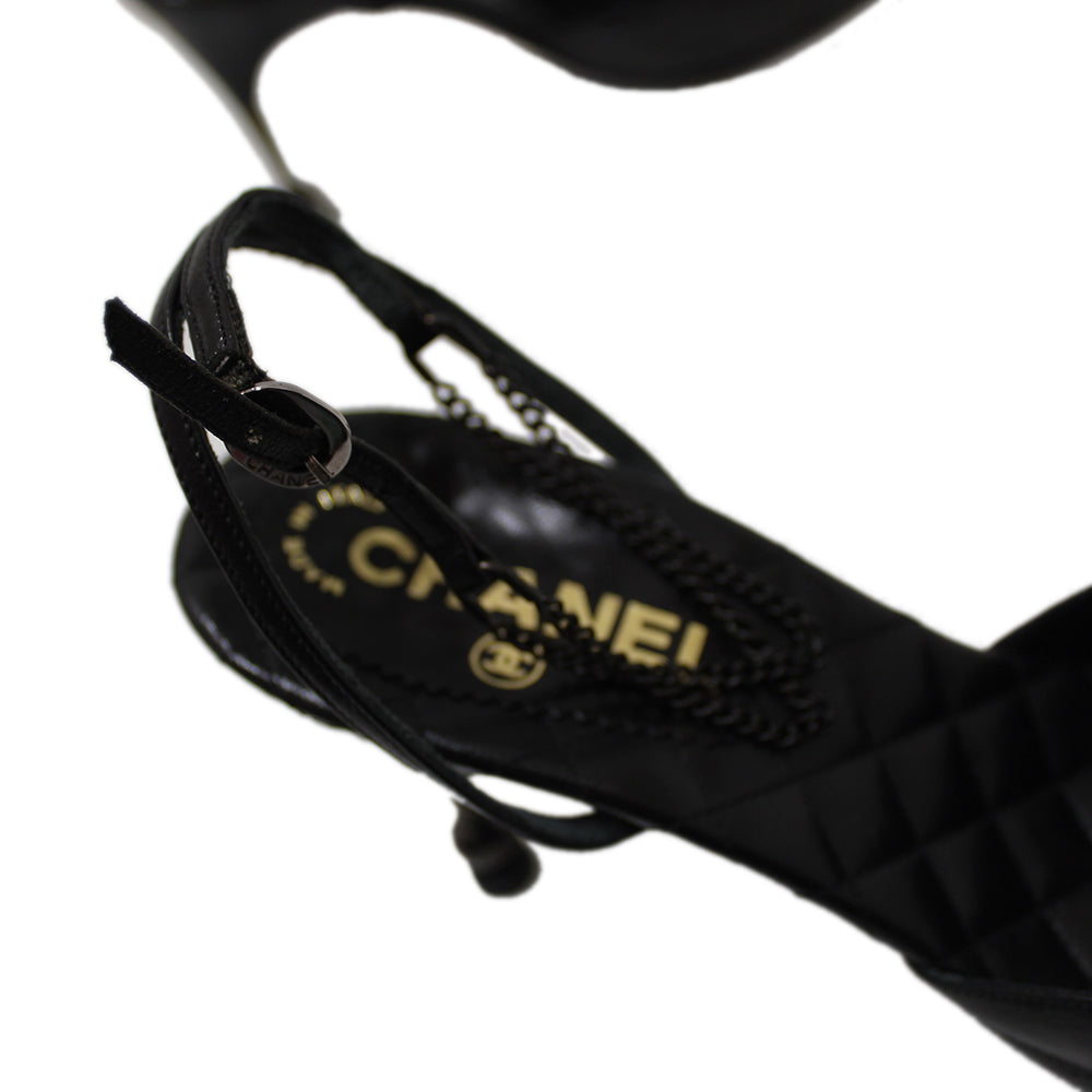 Chanel Black Leather Classic Cap Toe Heels Shoes with Chain Ankle Strap Size 38