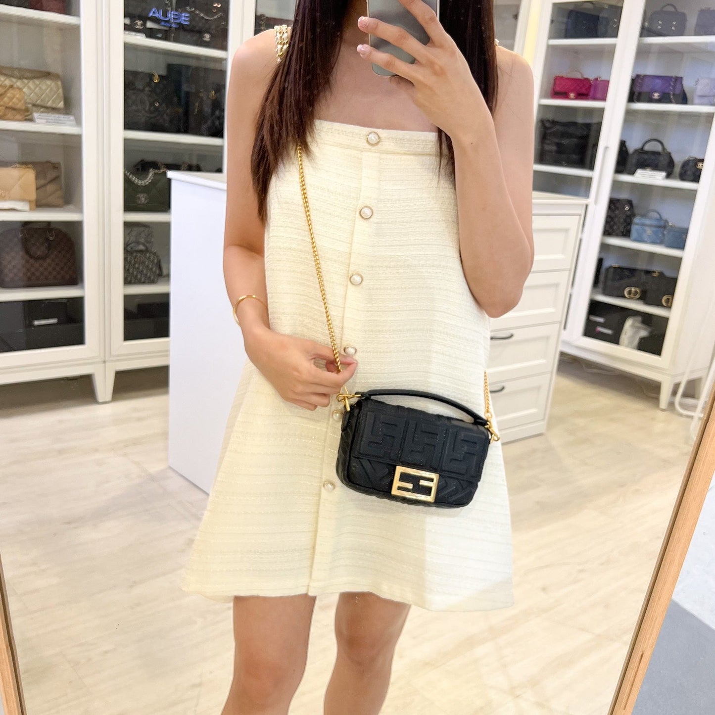 Fendi Mini Baguette Flap Bag in FF Motif Embossed Nappa Leather and GHW