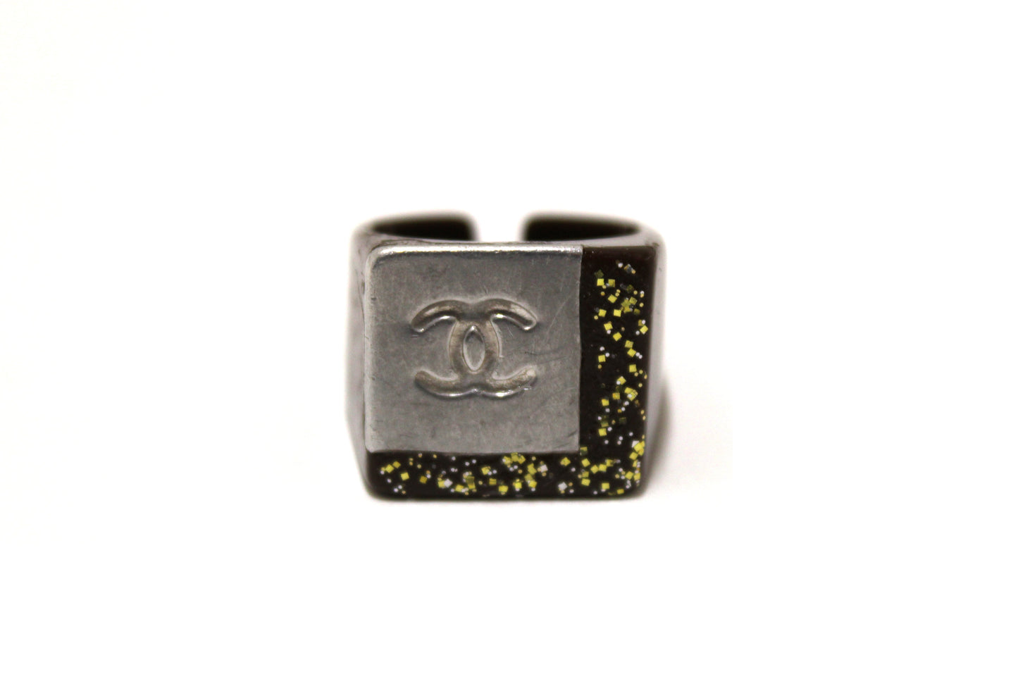 Chanel Vintage Chanel Brown Spackles CC Square Plastic Open Ring Size | Havik Shop.com - Shop Now at Havik Shop.com