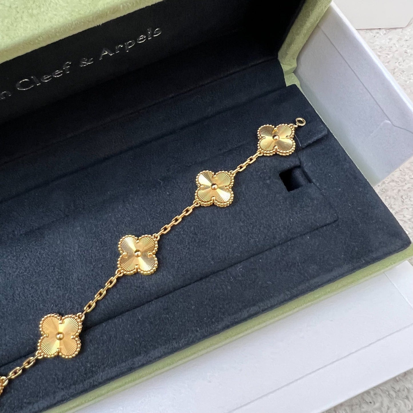 Van Cleef & Arpels VCA Vintage Alhambra 5 Motifs Guilloché Bracelet in 18K Yellow Gold (Extra 12 links) (Ref: VCARP3JK00)