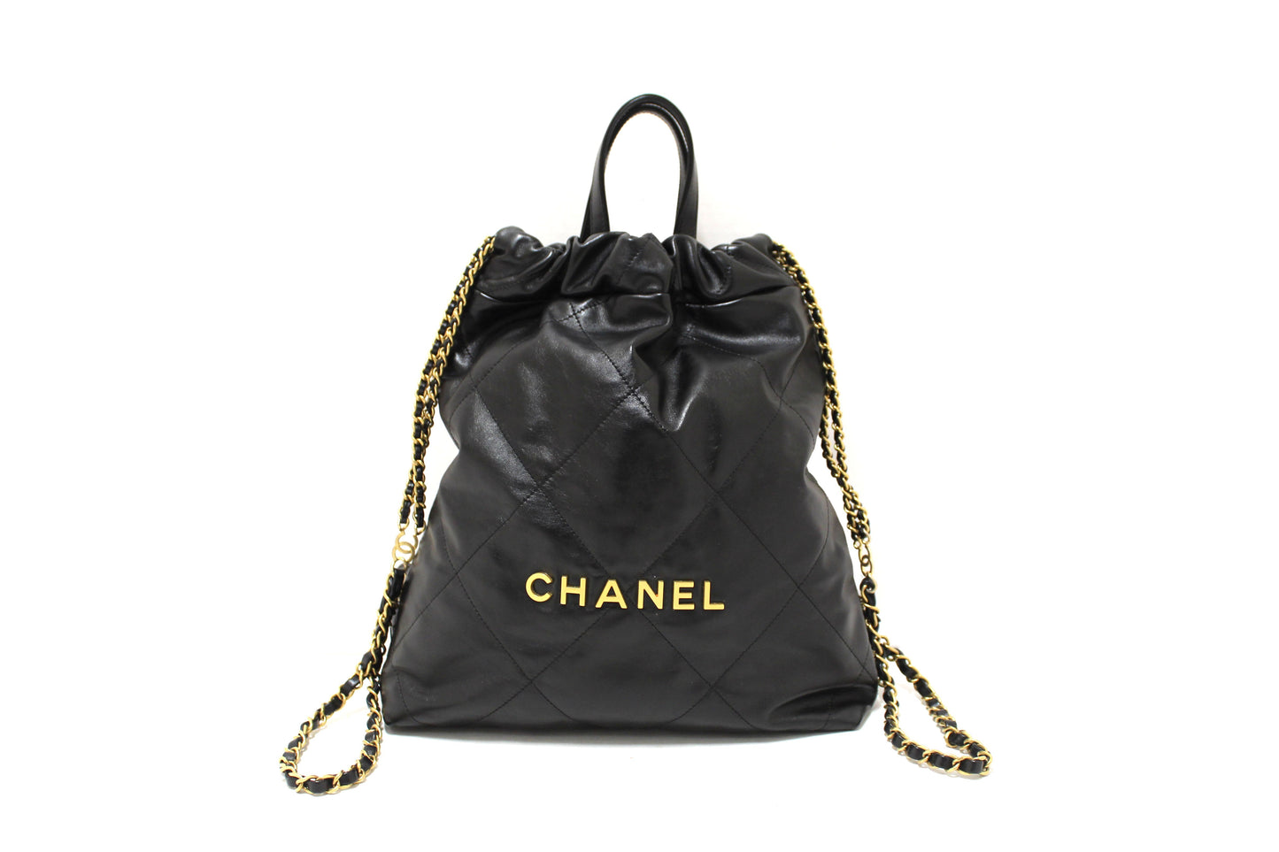 CHANEL Chanel Black 22 Calfskin Leather Drawstring Chain Backpa | Havik Shop.com - Shop Now at Havik Shop.com