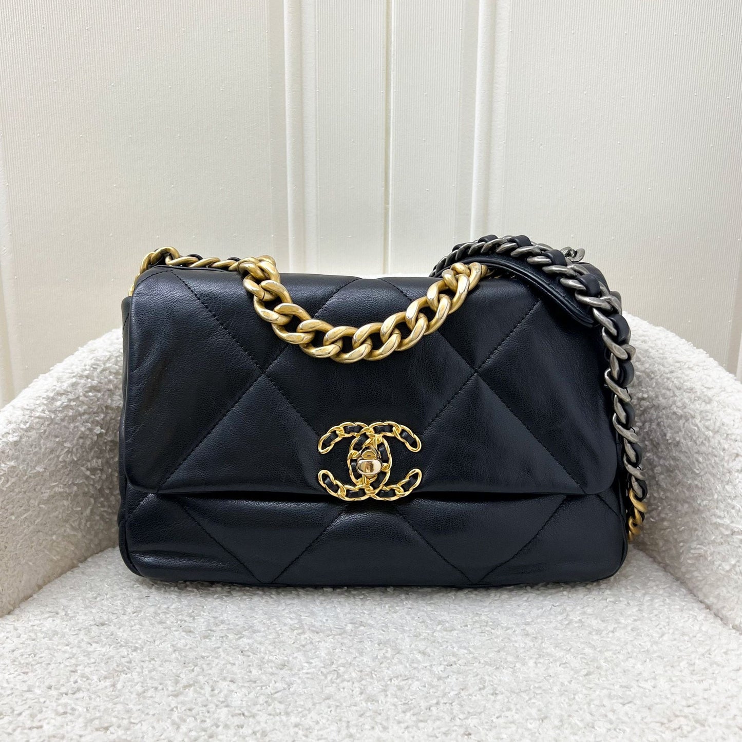 Chanel 19 Small Flap in Black Goatskin and 3-tone HW