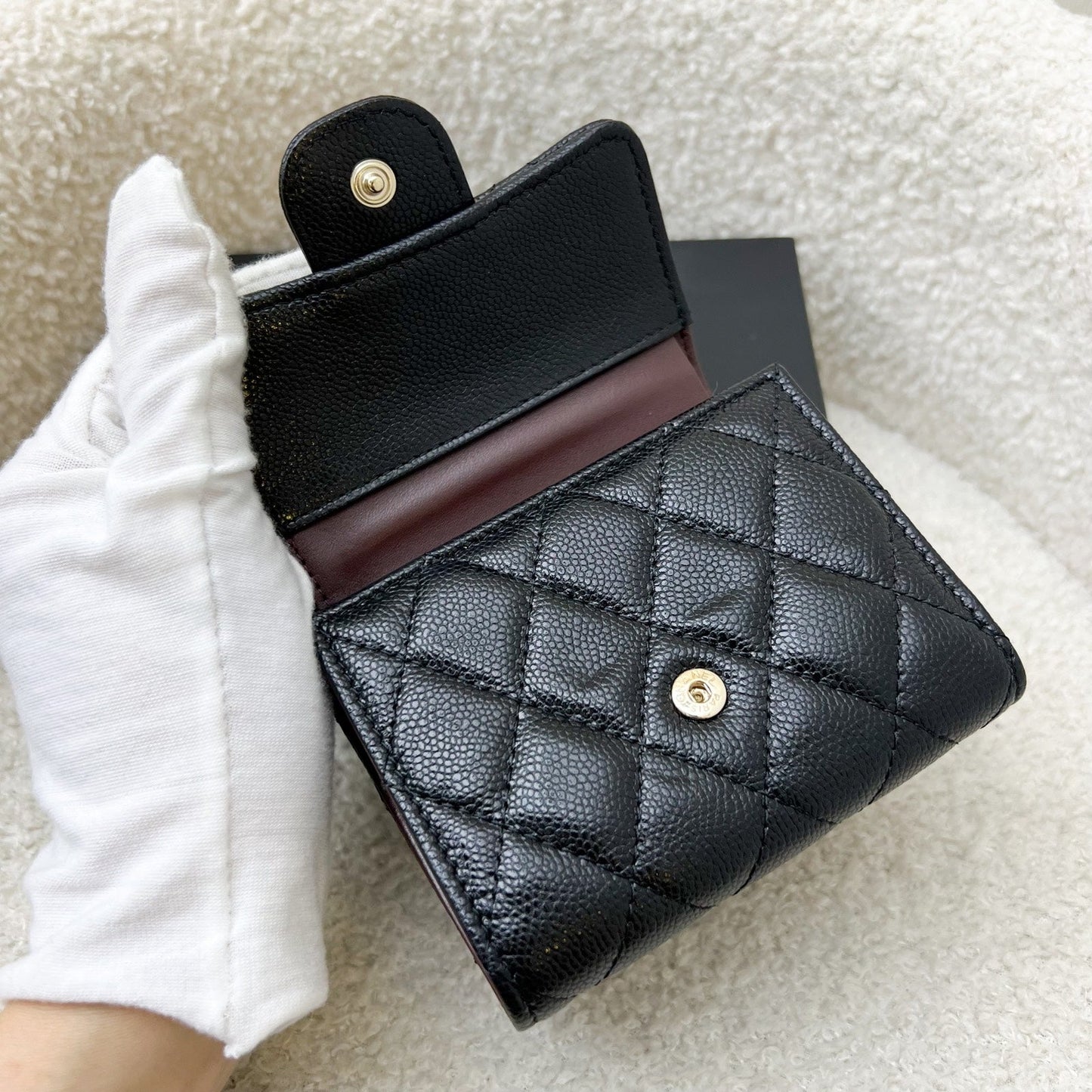 Chanel Compact Small Trifold Wallet in Black Caviar and LGHW