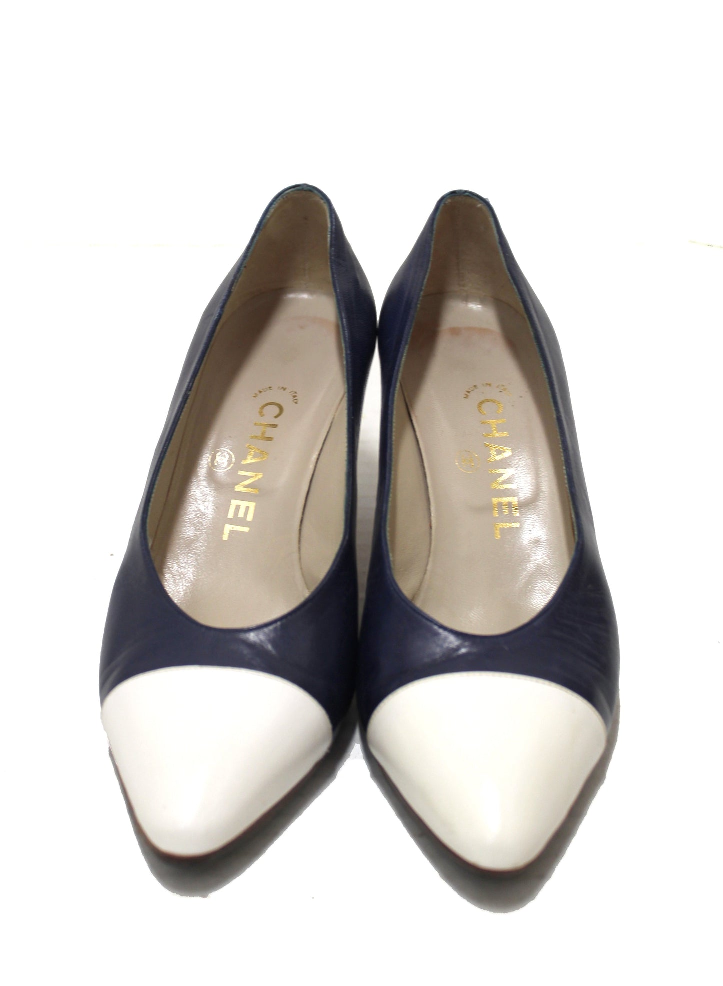Chanel Navy and White Leather Pointed Heel size 35.5
