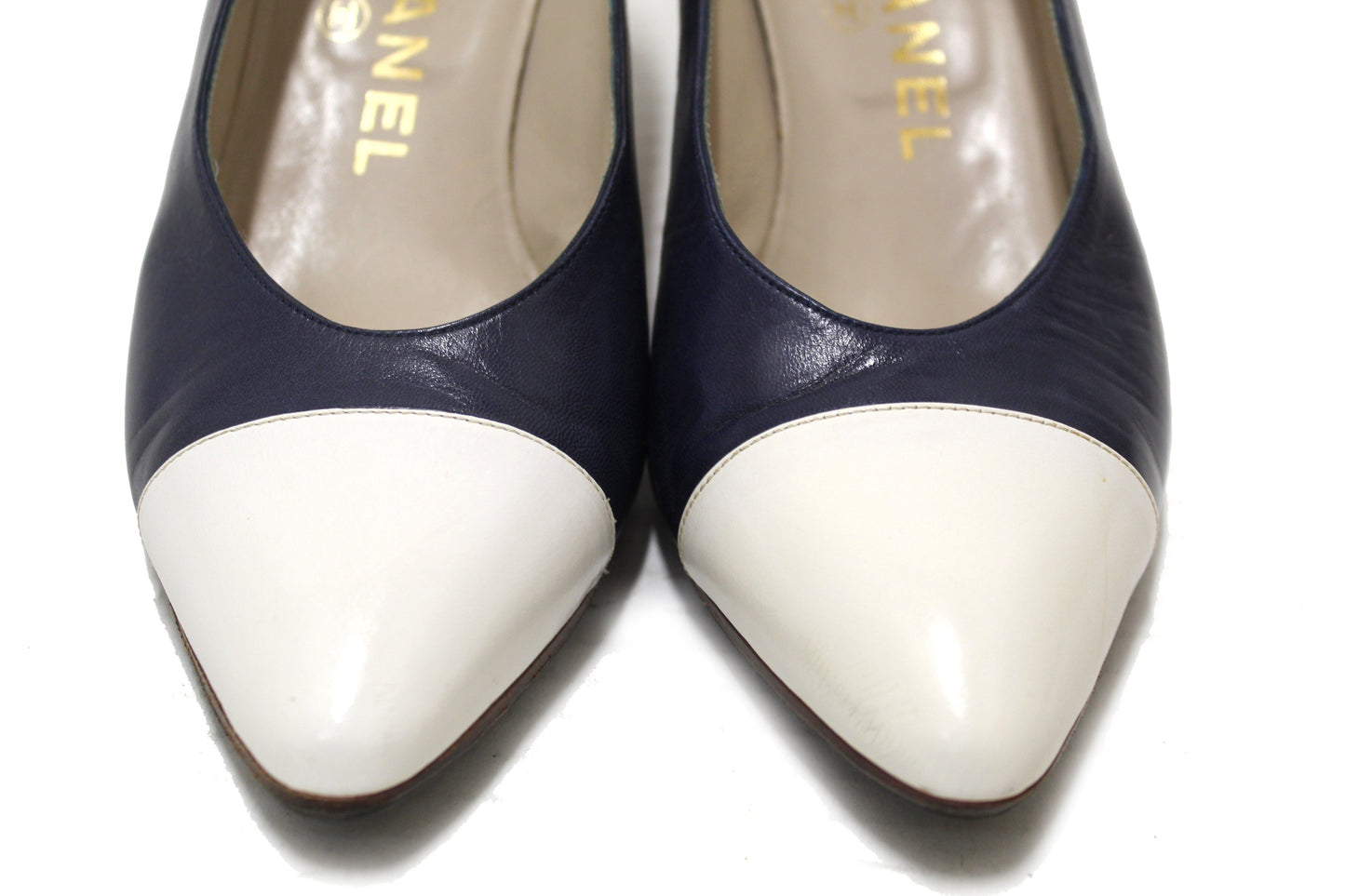 Chanel Navy and White Leather Pointed Heel size 35.5