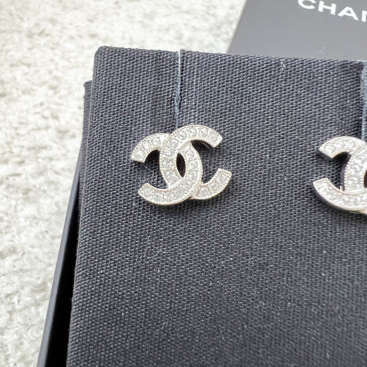 Chanel Classic CC Logo Small Earrings with Crystals in SHW (Model: ABE100)