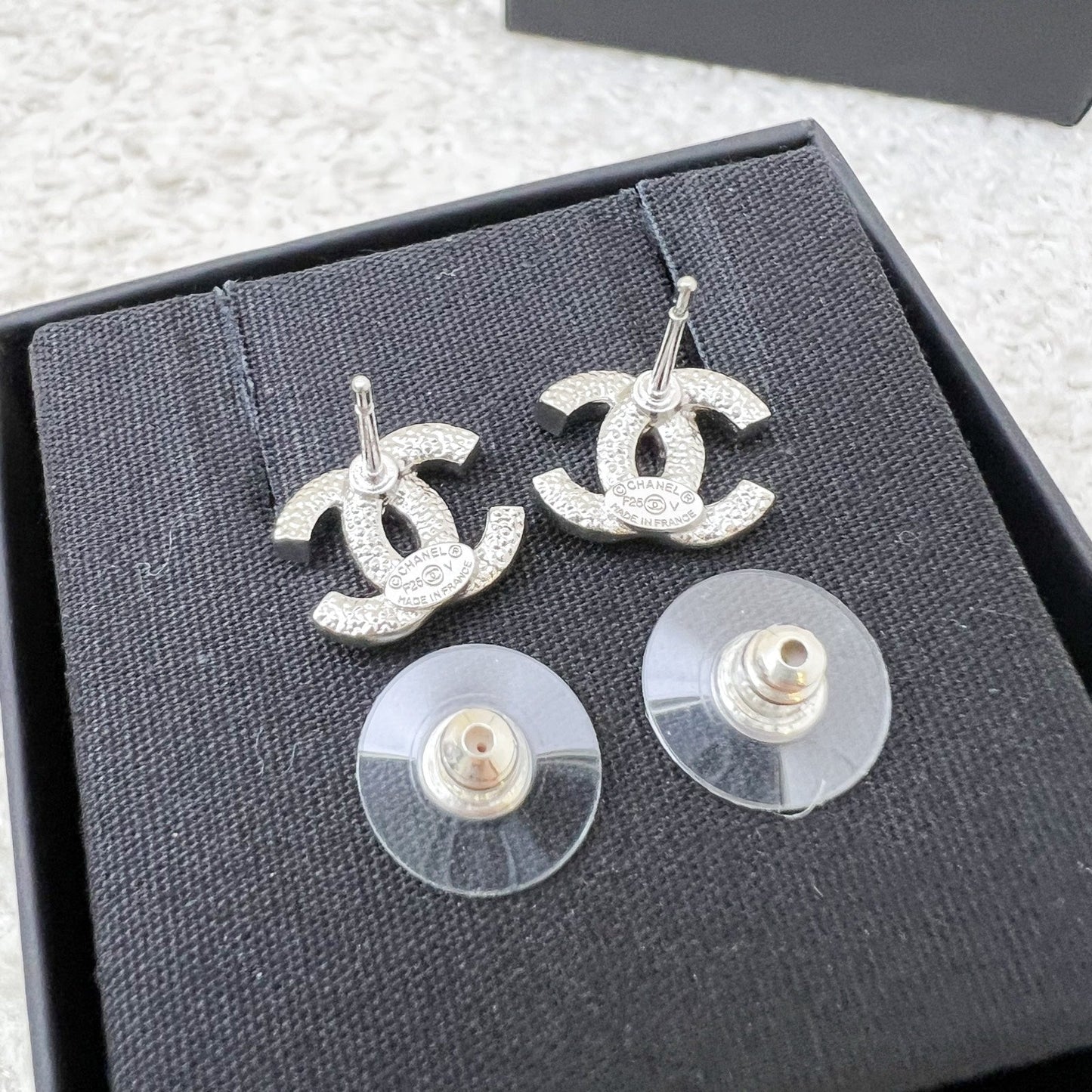 Chanel Classic CC Logo Small Earrings with Crystals in SHW (Model: ABE100)