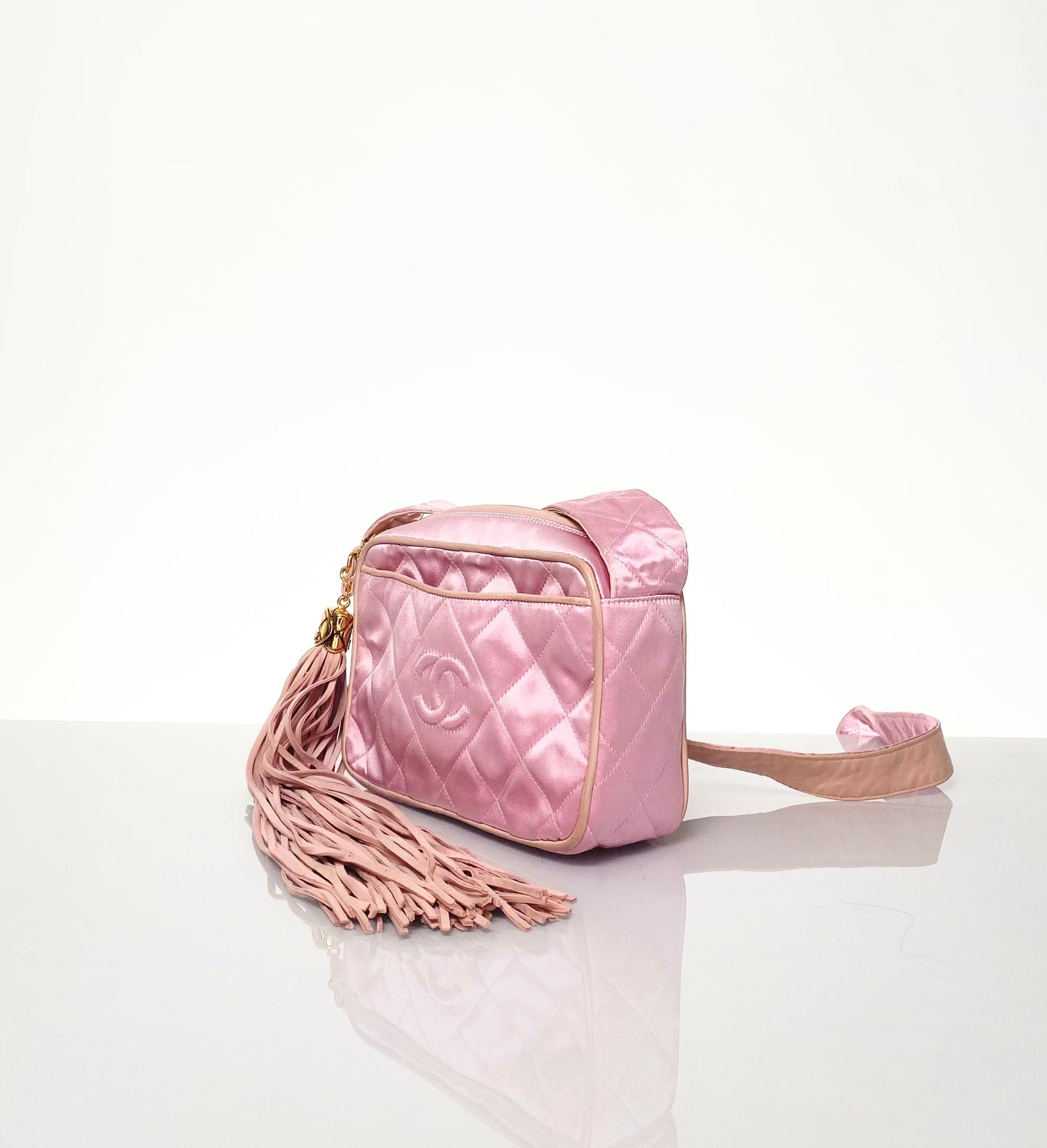 Chanel Rare Vintage Pink Silk Leather Tassel Shoulder Bag