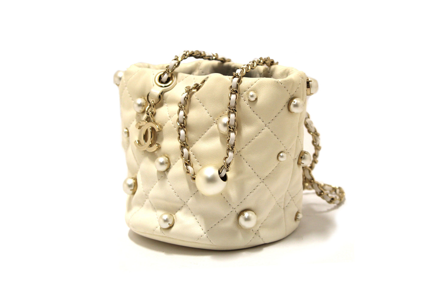 Chanel Quilted Lambskin with Pearls Mini Drawstring Bucket Bag