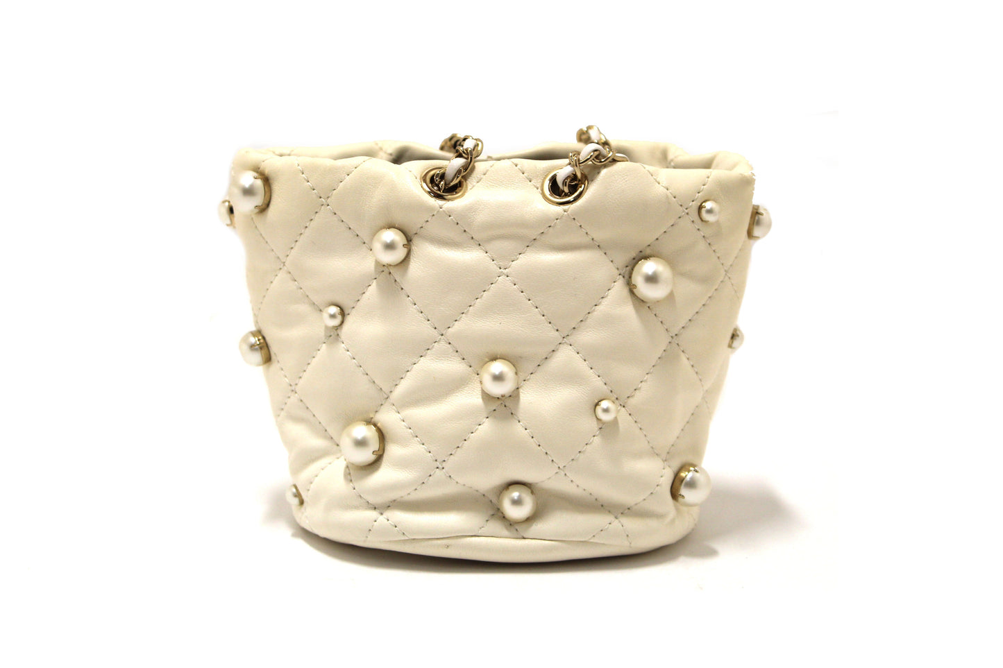Chanel Quilted Lambskin with Pearls Mini Drawstring Bucket Bag