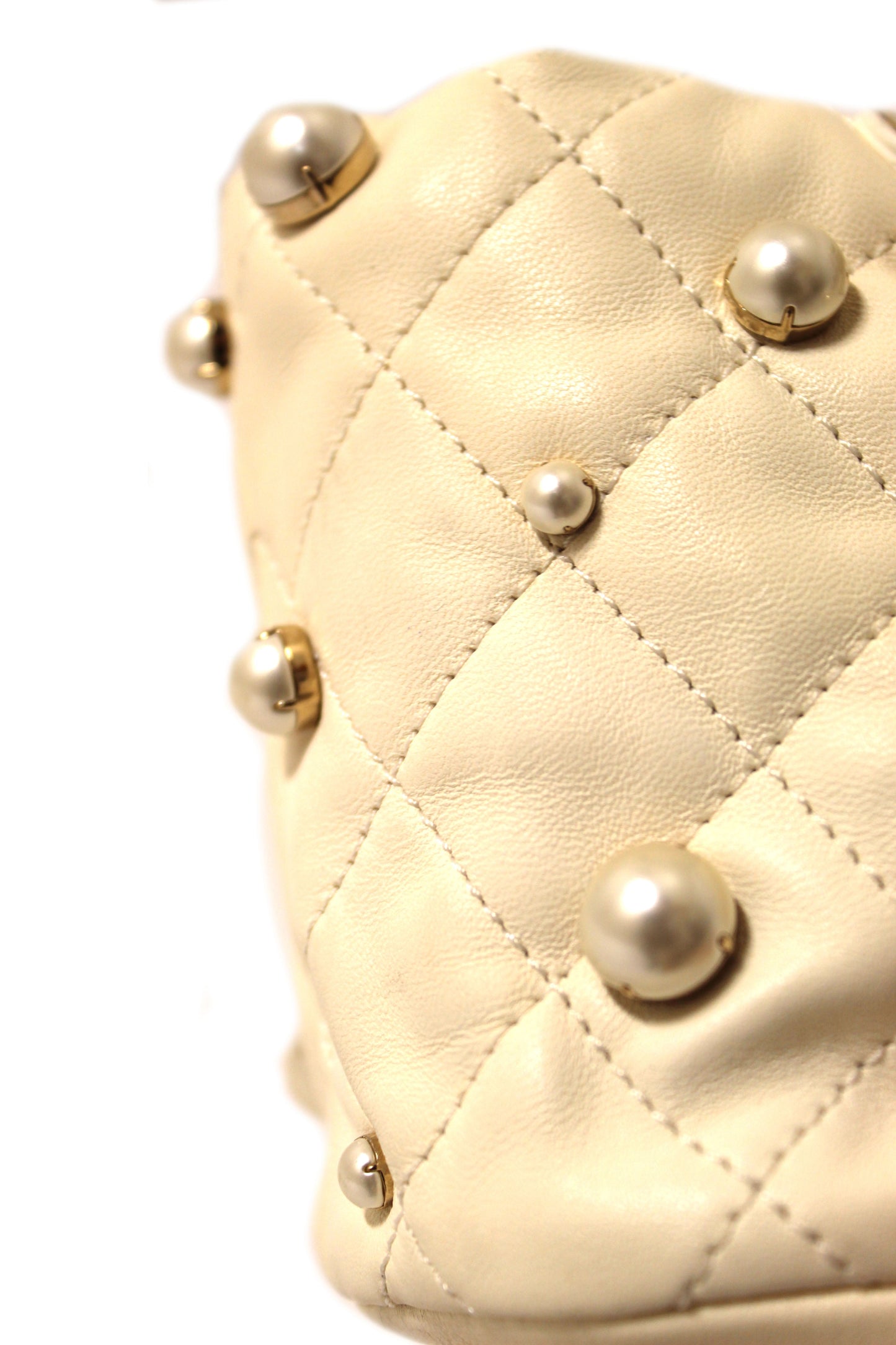 Chanel Quilted Lambskin with Pearls Mini Drawstring Bucket Bag