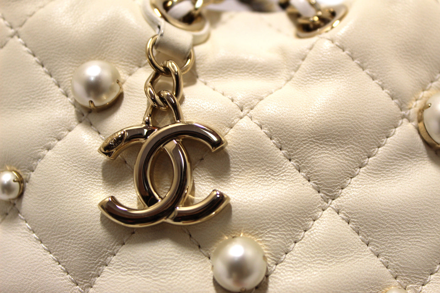 Chanel Quilted Lambskin with Pearls Mini Drawstring Bucket Bag