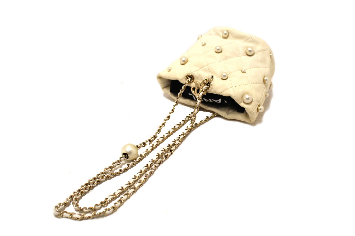 Chanel Quilted Lambskin with Pearls Mini Drawstring Bucket Bag