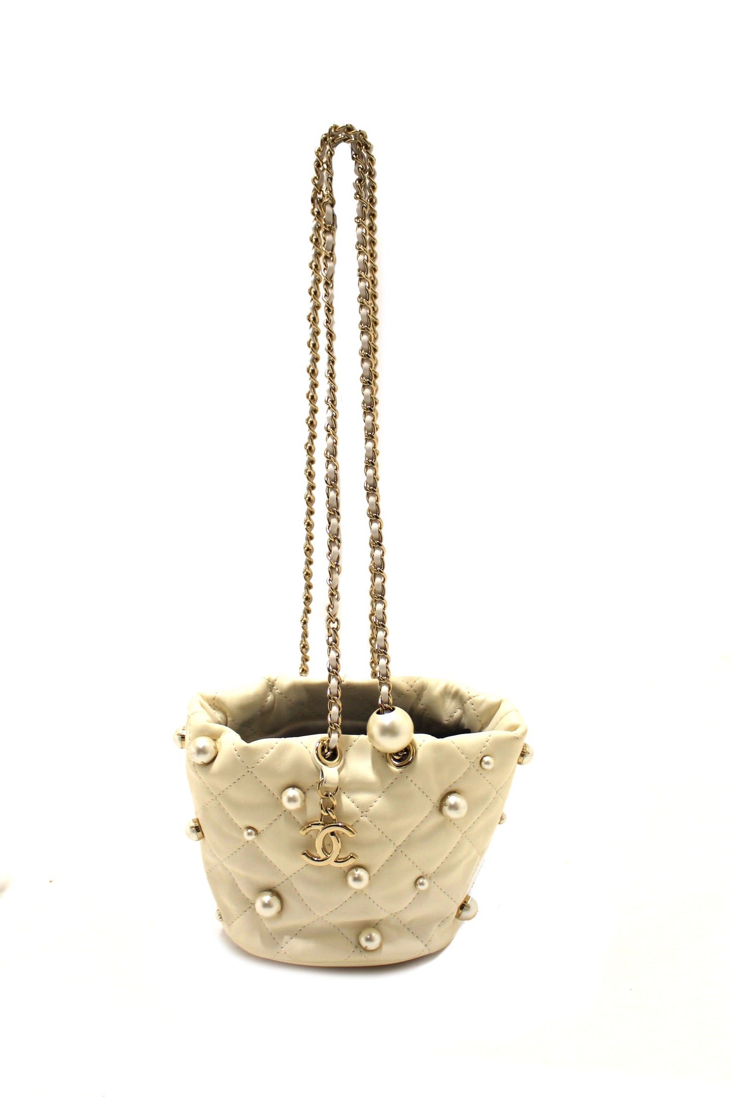 Chanel Quilted Lambskin with Pearls Mini Drawstring Bucket Bag