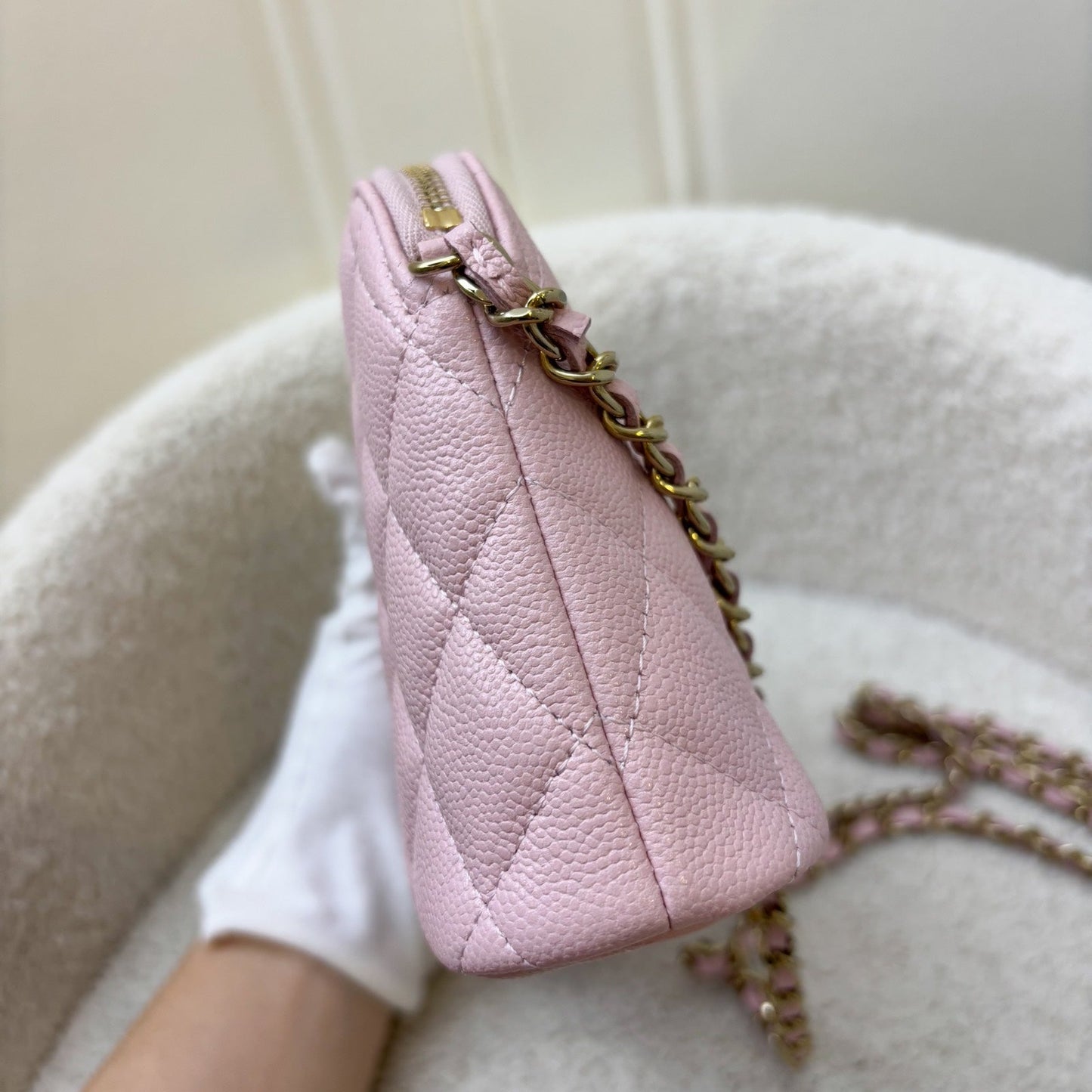 Chanel 24K Medium Pouch / Clutch with Chain in Sakura Pink Caviar and LGHW (Model: AP4016)