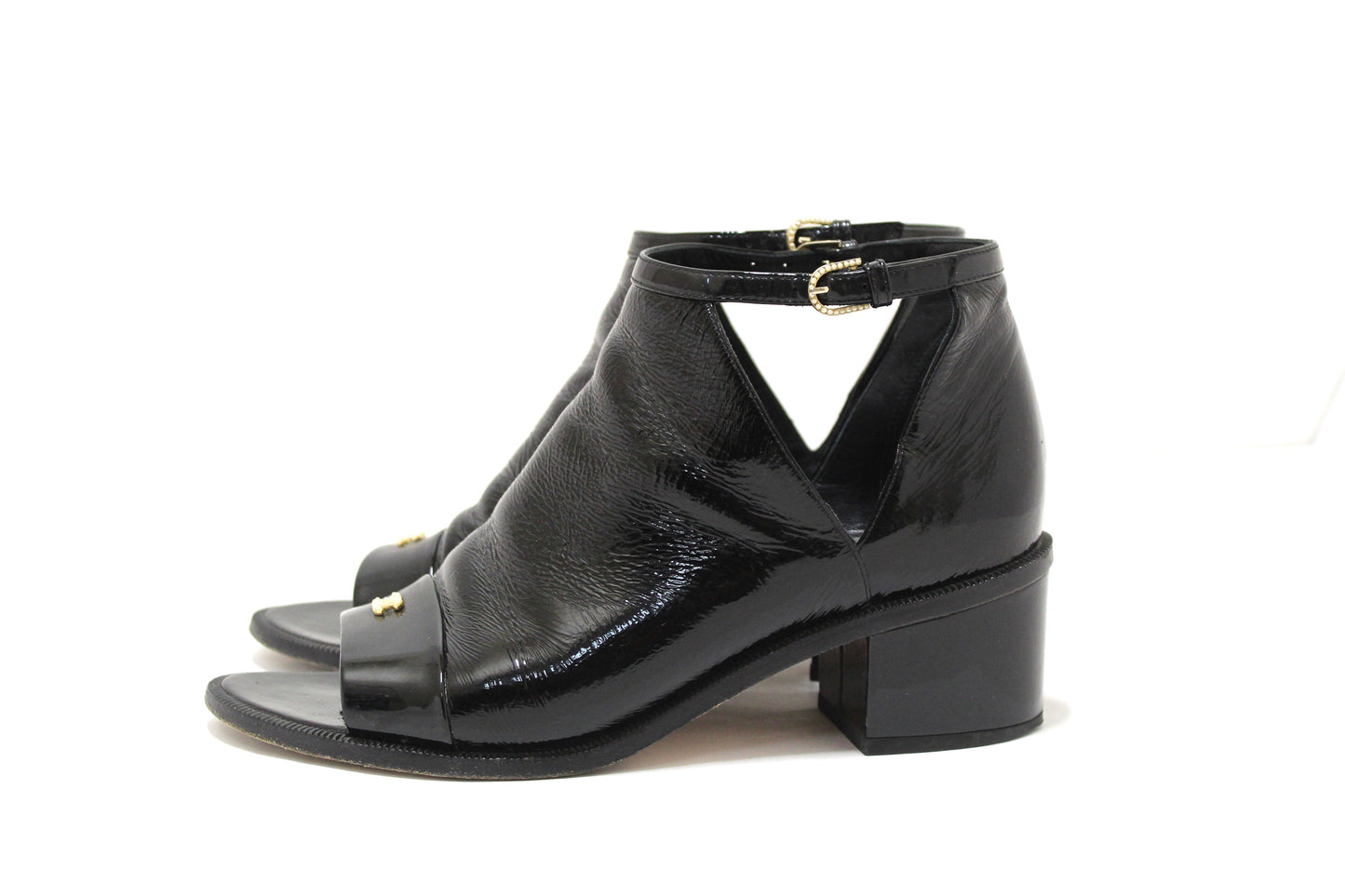 Chanel Black Patent Leather Peep Toe Short Ankle Boots 38.5 | Havik Shop.com - Shop Now at Havik Shop.com
