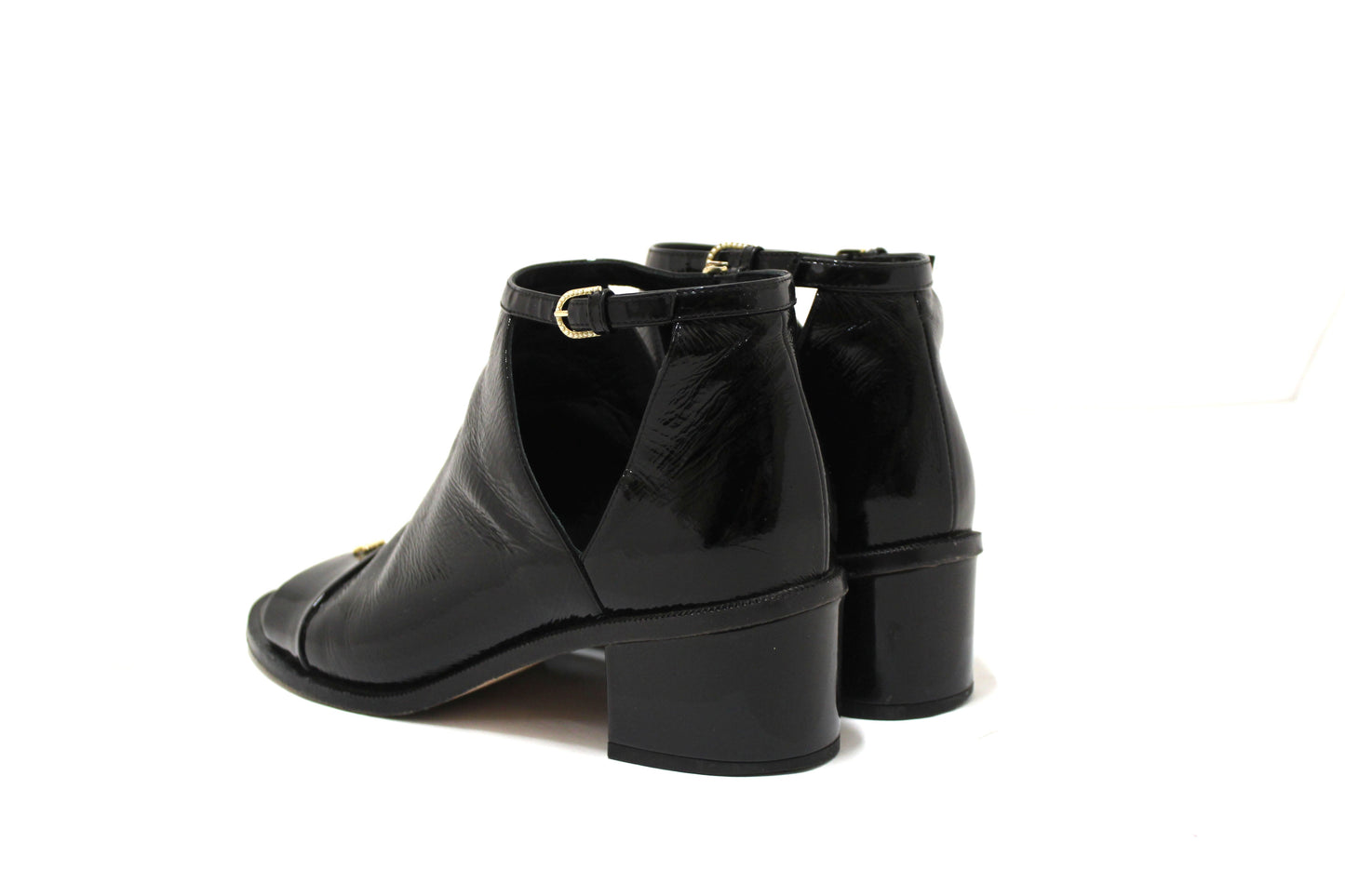 Chanel Black Patent Leather Peep Toe Short Ankle Boots 38.5