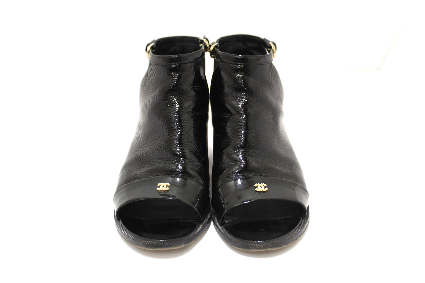 Chanel Black Patent Leather Peep Toe Short Ankle Boots 38.5