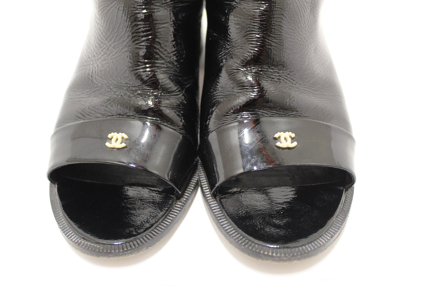 Chanel Black Patent Leather Peep Toe Short Ankle Boots 38.5