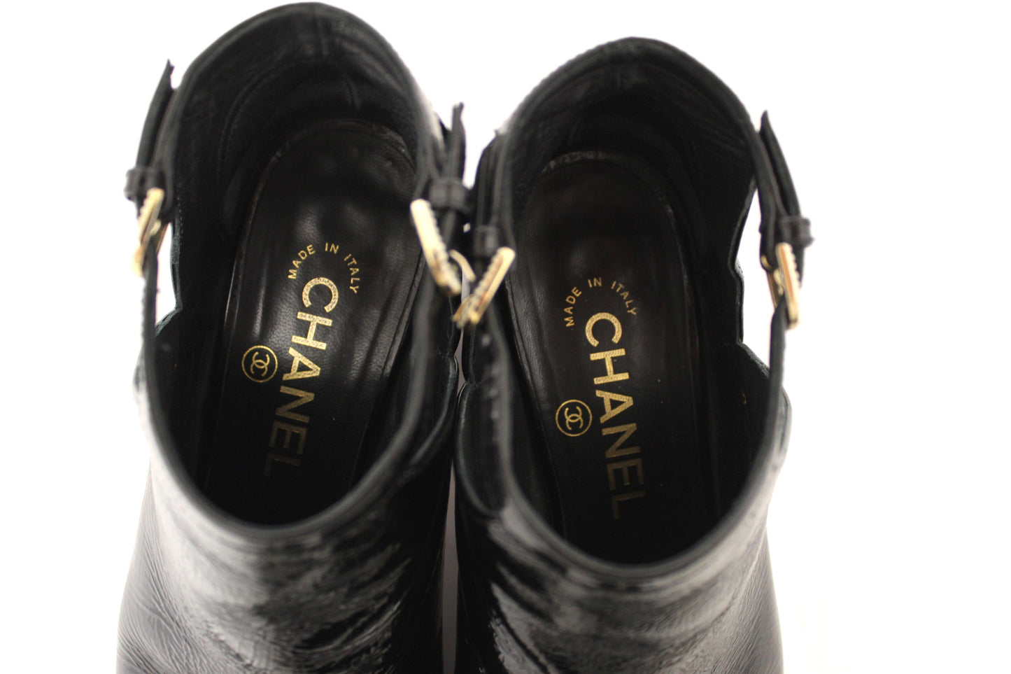 Chanel Black Patent Leather Peep Toe Short Ankle Boots 38.5