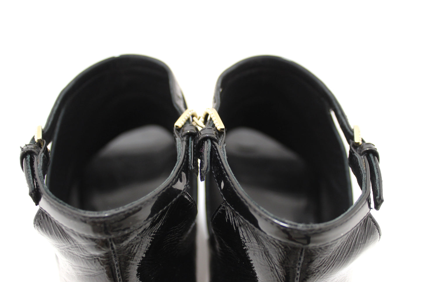 Chanel Black Patent Leather Peep Toe Short Ankle Boots 38.5